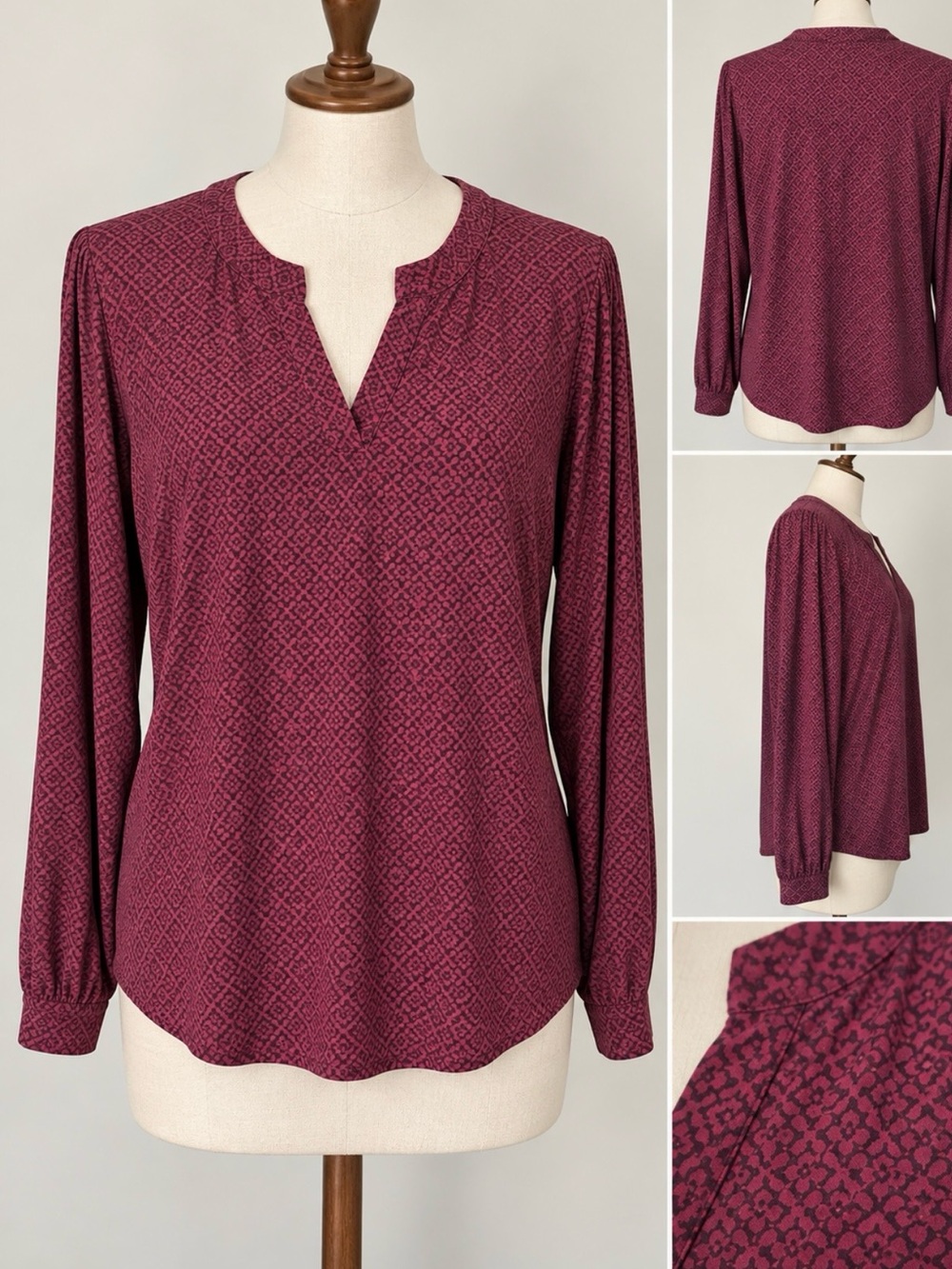 Anne Klein Burgundy Geometric Print Long Sleeve Blouse XL